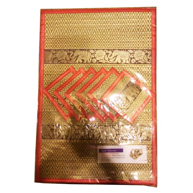 ที่รองจานเสื่อกก และ แผ่นรองแก้วน้ำ ขนาด 30 x 46 ซม. แบบ 6 ที่นั่ง สีแดง