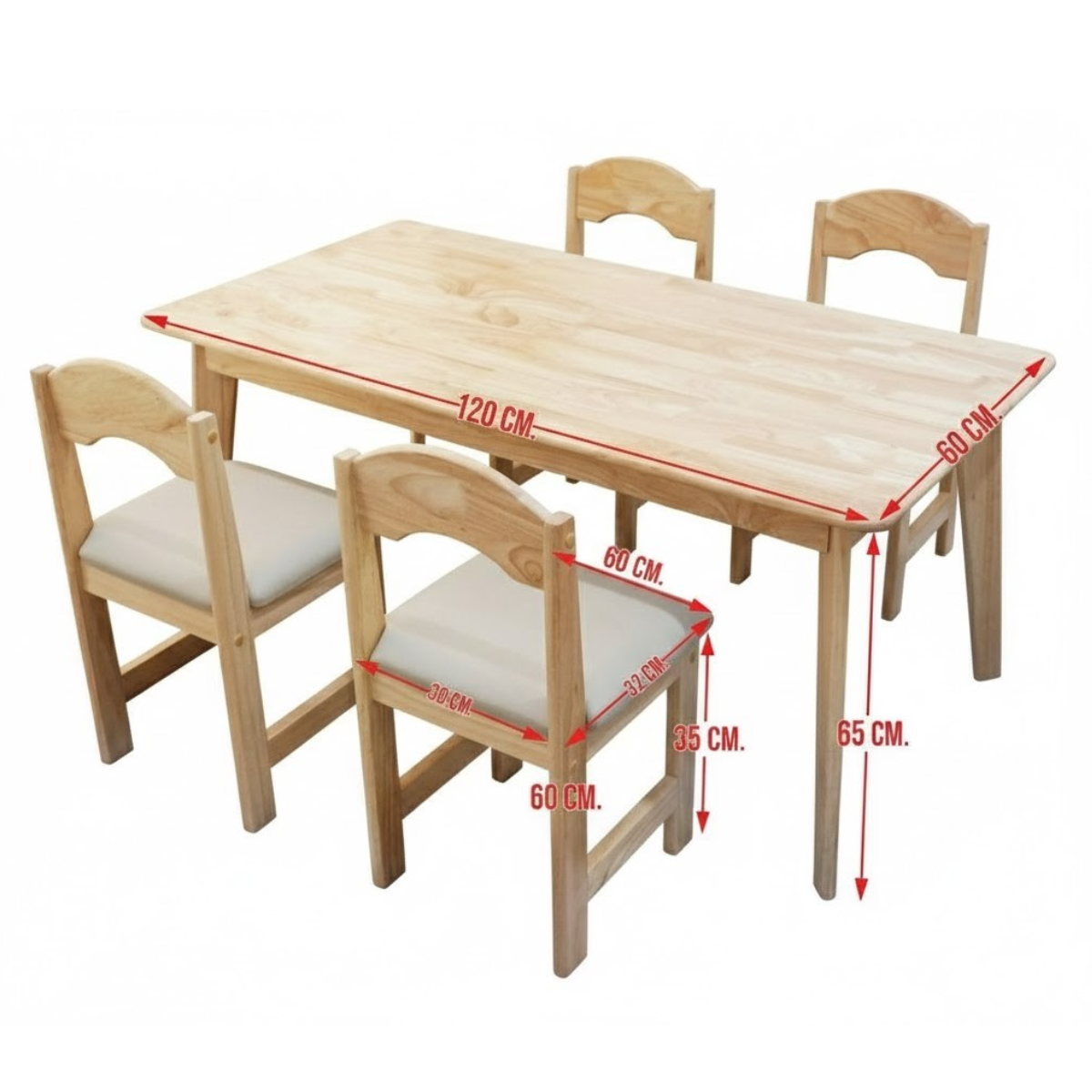 ชุดโต๊ะเก้าอี้ไม้ยางพาราสำหรับเด็กนักเรียนพร้อมเก้าอี้เสริมเบาะหนัง 4 ตัว, โต๊ะเรียนกลุ่มสำหรับเด็กประถม โต๊ะสี่เหลี่ยมผืนผ้า,โต๊ะไม้, สำหรับอนุบาล สินค้าผลิตในไทยมีพร้อมส่ง ขนาด 60x120x65 cm.