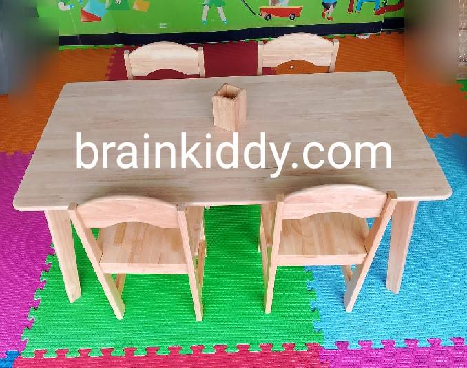 ชุดโต๊ะเก้าอี้ไม้ยางพาราสำหรับเด็กนักเรียนพร้อมเก้าอี้4 ตัว, โต๊ะเรียนกลุ่มสำหรับอนุบาล โต๊ะสี่เหลี่ยมผืนผ้า,โต๊ะไม้, สำหรับอนุบาล สินค้าผลิตในไทยมีพร้อมส่ง ขนาด 60x120x55 cm.