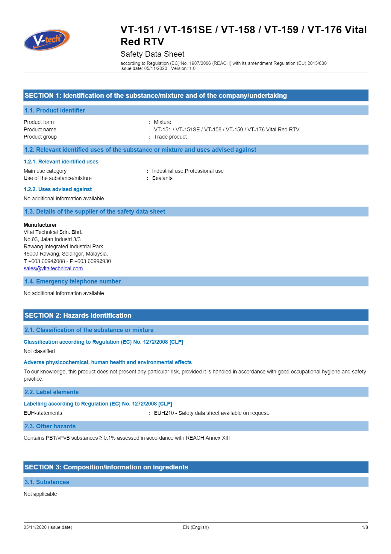 ซิลิโคนทาปะเก็นสีแดง V-TECH VT-151 (VITAL RED RTV)
