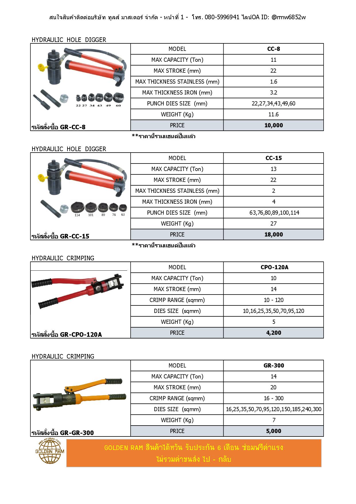 GR-300 คีมย้ำสายไฟไฮดรอลิกส์ ,คีมย้ำสายเคเบิ้ลไฮดรอลิค "GOLDEN RAM" HYDRAULIC CRIMPING