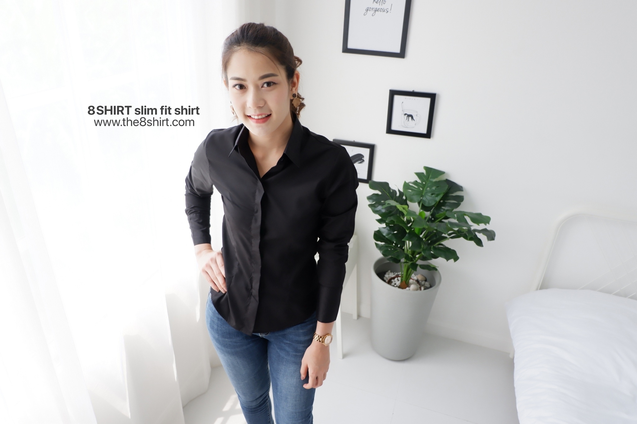 เสื้อเชิ้ตผู้หญิงสีดำ สลิมฟิต เข้ารูป แขนยาว เสื้อเชิ้ตทำงาน เสื้อยูนิฟอร์ม แบรนด์ 8SHIRT slim fit shirt พร้อมส่ง