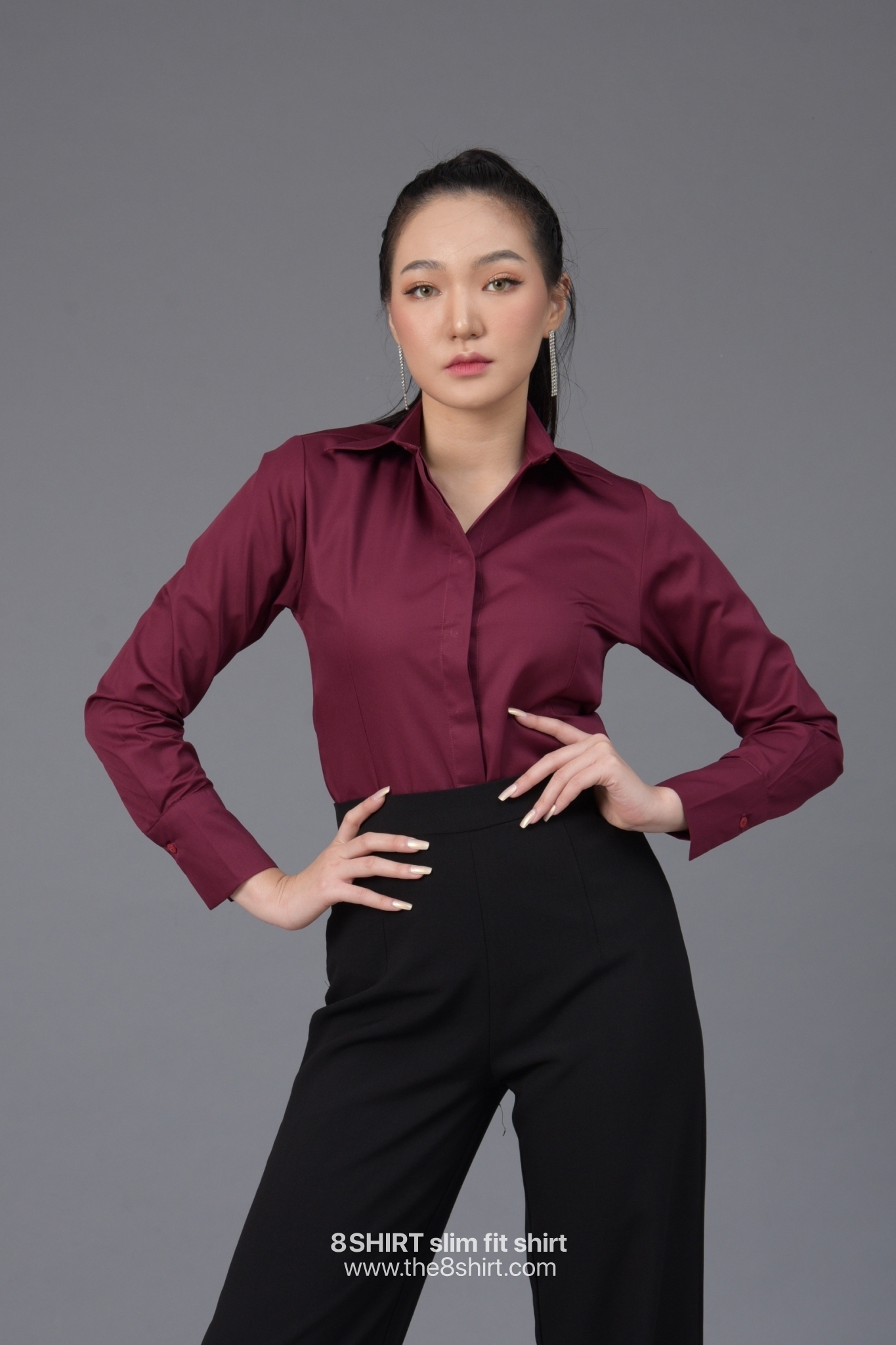 เสื้อเชิ้ตผู้หญิง สีแดงไวน์ (Red Wine) สลิมฟิต เข้ารูป แขนยาว เสื้อเชิ้ตทำงาน เสื้อยูนิฟอร์ม แบรนด์ 8SHIRT slim fit shirt พร้อมส่ง