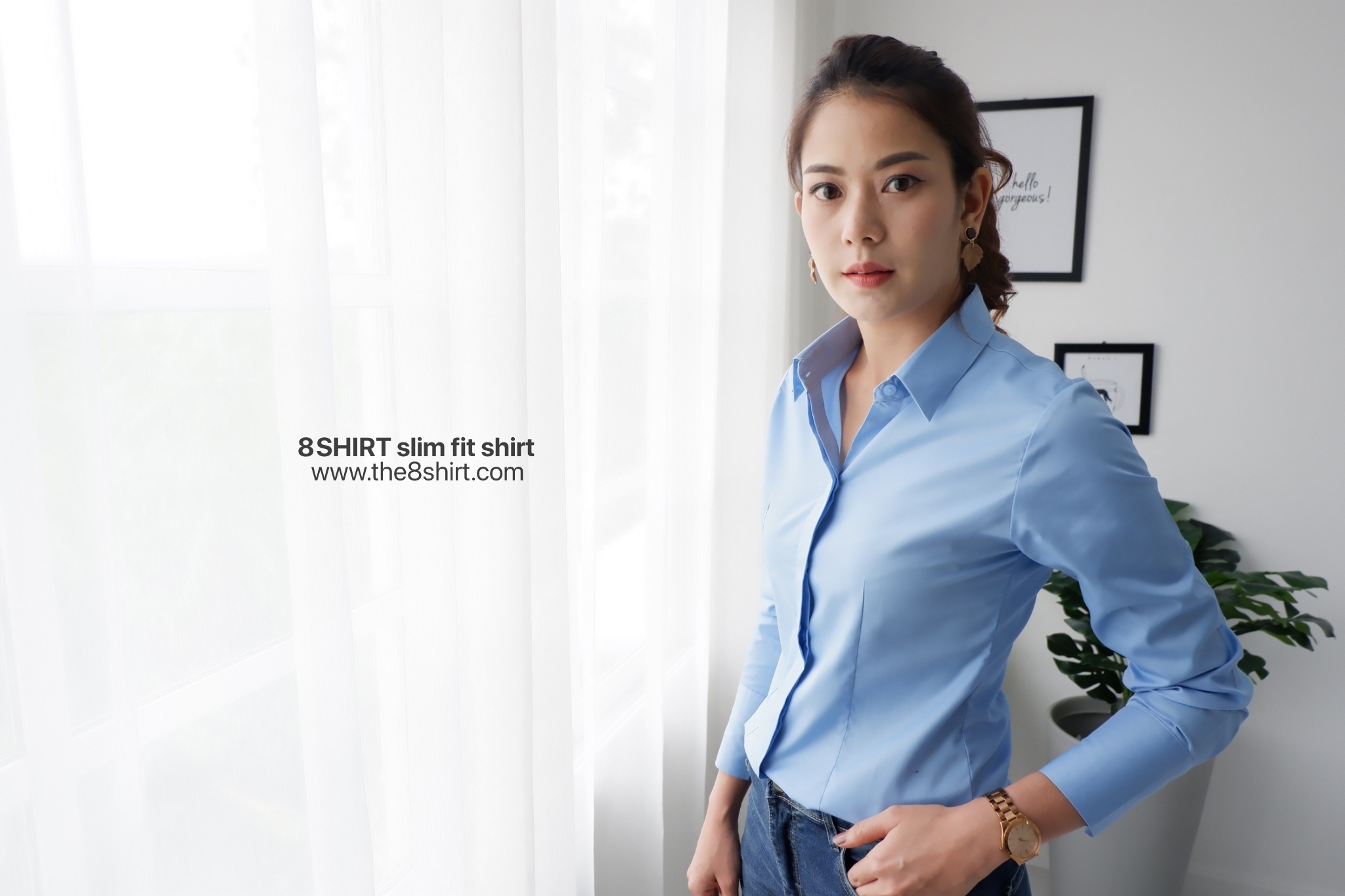 เสื้อเชิ้ตผู้หญิง สีฟ้า (Blue) สลิมฟิต เข้ารูป แขนยาว เสื้อเชิ้ตทำงาน เสื้อยูนิฟอร์ม แบรนด์ 8SHIRT slim fit shirt พร้อมส่ง