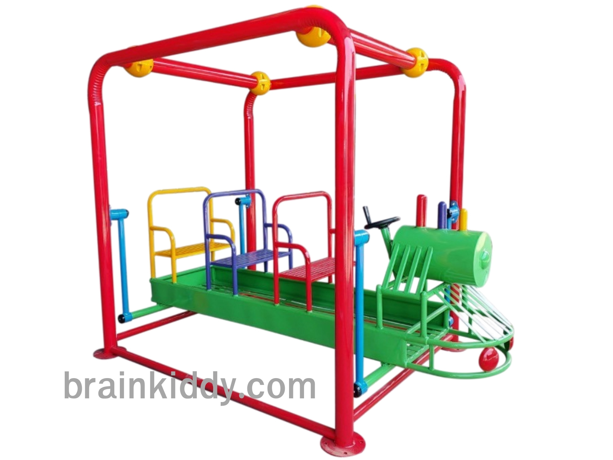 เครื่องเล่นสนามกลางแจ้ง เหล็ก ชุดรถไฟโยก 6 ที่นั่งปรับขนาดใหม่ตามมาตรฐาน มอก. รถโยก Outdoor Playground, ราคาโรงงาน ขนาด 130x 200x 175 ซม.