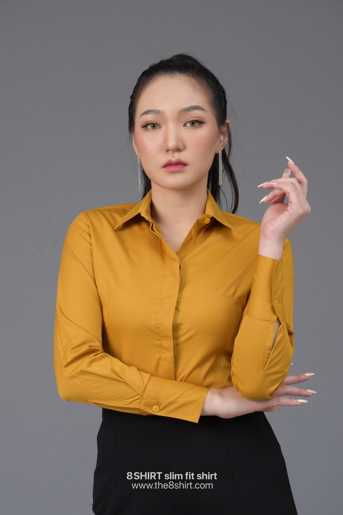 เสื้อเชิ้ตผู้หญิง สีเหลืองมัสตาร์ด (Mustard yellow) สลิมฟิต เข้ารูป แขนยาว เสื้อเชิ้ตทำงาน เสื้อยูนิฟอร์ม แบรนด์ 8SHIRT slim fit shirt พร้อมส่ง