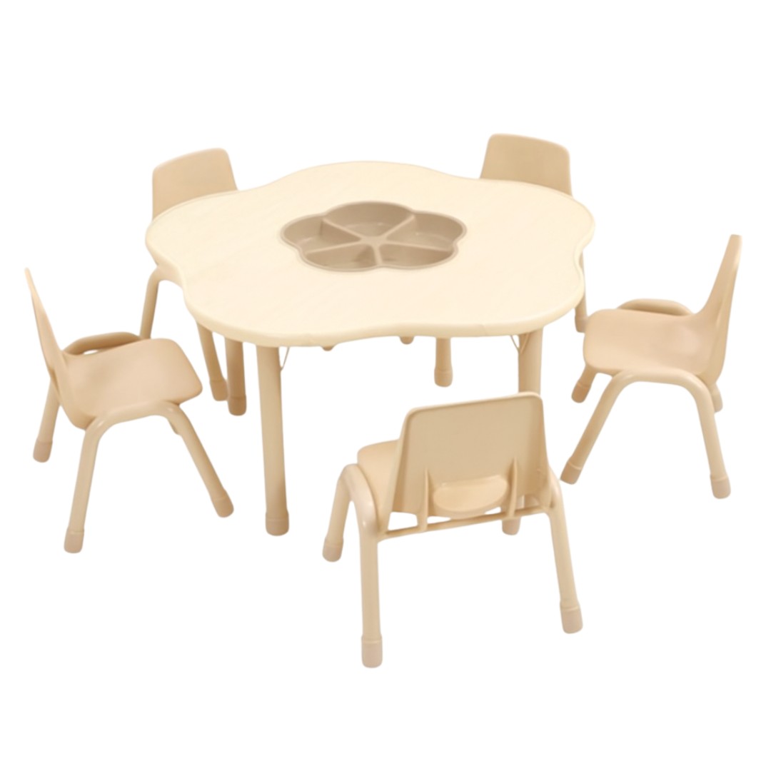 ชุดโต๊ะดอกไม้ พร้อมเก้าอี้ 5 ที่นั่ง โต๊ะเก้าอี้นักเรียน,โต๊ะเด็ก,เก้าอี้เด็ก,อนุบาล-ประถม,โต๊ะกิจกรรม,โต๊ะพลาสติกขาเหล็ก,โต๊ะเขียนหนังสือเด็ก สั่งนำเข้า ขนาดโต๊ะ 60x100x48-56 ซม.