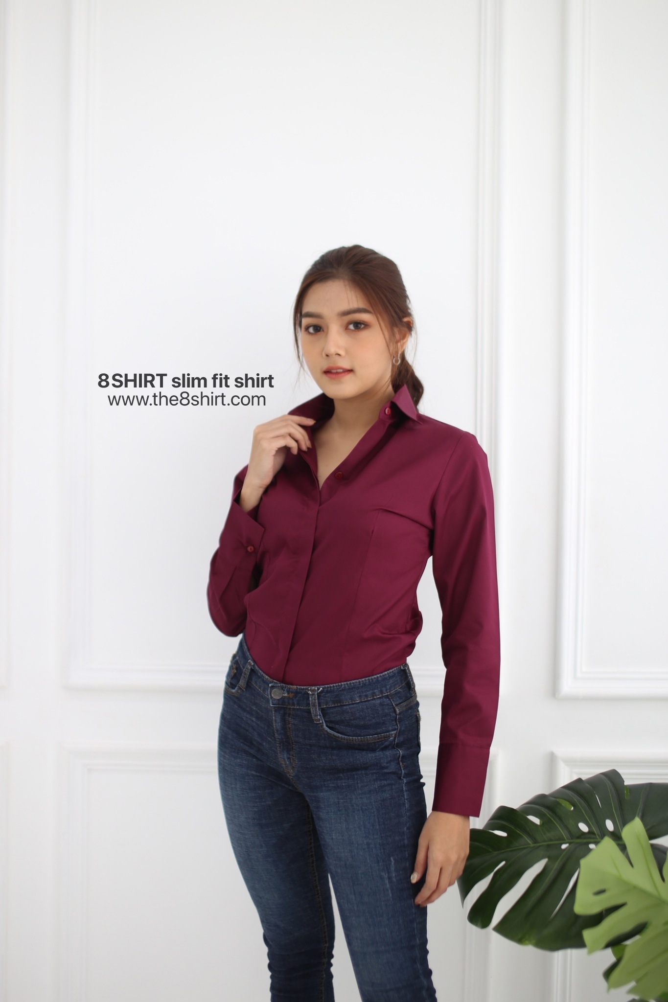 เสื้อเชิ้ตผู้หญิง สีแดงไวน์ (Red Wine) สลิมฟิต เข้ารูป แขนยาว เสื้อเชิ้ตทำงาน เสื้อยูนิฟอร์ม แบรนด์ 8SHIRT slim fit shirt พร้อมส่ง