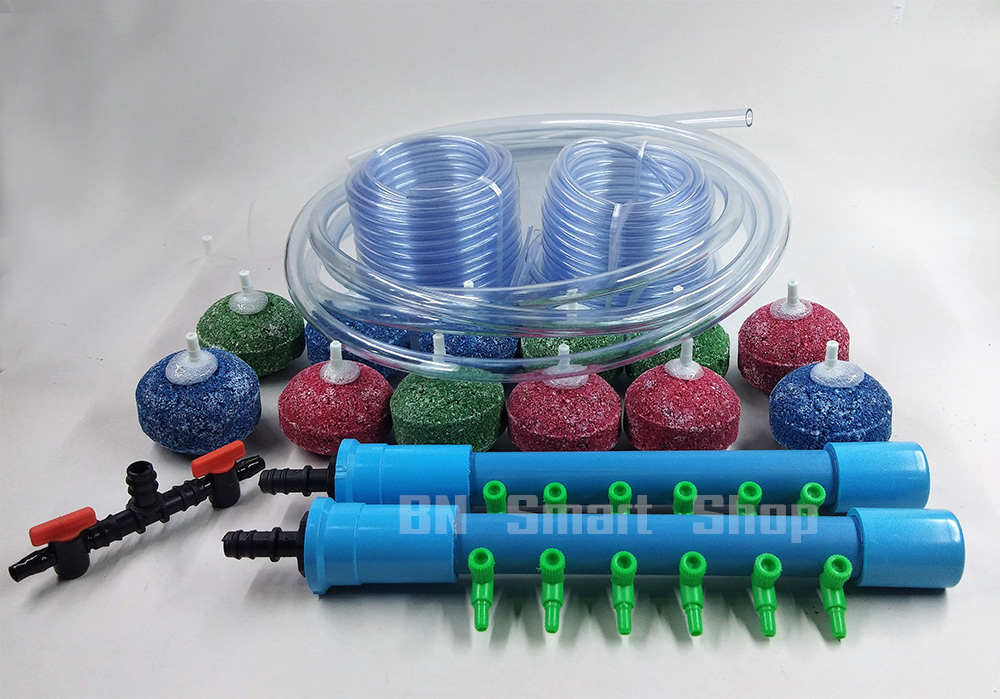 ชุด DIY ท่อแยกลมเข้า3หุนออก6ช่อง 2 อัน หัวทรายเบอร์2 จำนวน 12 หัว สายยาง 5 มม. 20 เมตร สายยาง2.8หุน3เมตร และแยกลม3ทาง