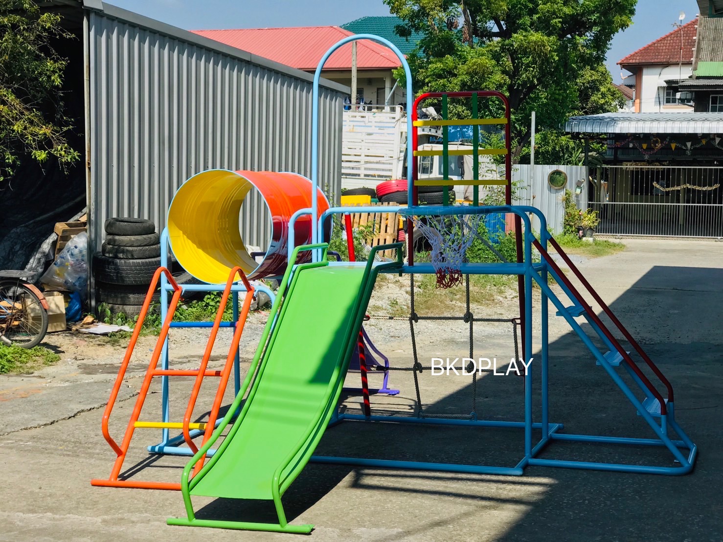 ชุดรวมเชือกถัก (อนุบาล), เครื่องเล่นสนามกลางแจ้ง , เครื่องเล่นสนามแบบเหล็ก,ชิงช้า,สไลเดอร์,โยกเยกเหล็ก, ม้าหมุน, OutdoorPlayground, ราคาโรงงาน ขนาด 120x120x150 ซม.