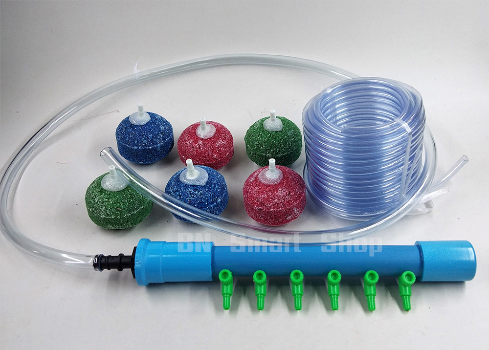 ชุด DIY ท่อแยกลมเข้า3หุนออก6ช่อง หัวทรายเบอร์2 จำนวน 6 หัว สายยาง 5 มม. 10 เมตร และสายยาง2.8หุน1เมตร