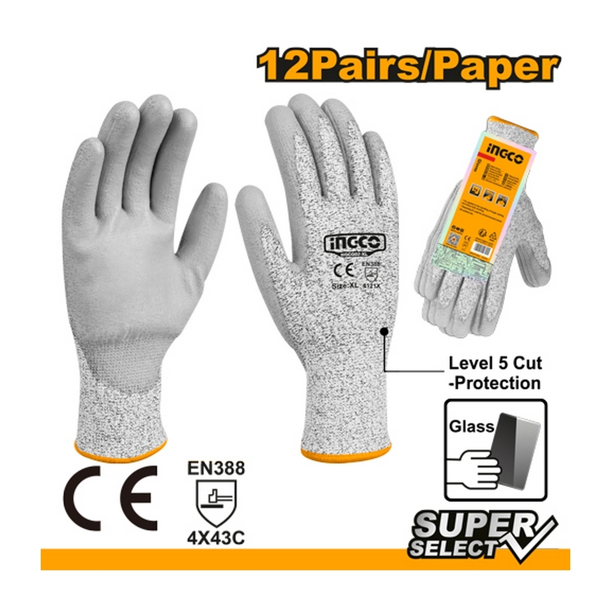ถุงมือเซฟตี้เคลือบ PU กันบาด INGCO HGCG02-XL LEVEL 5