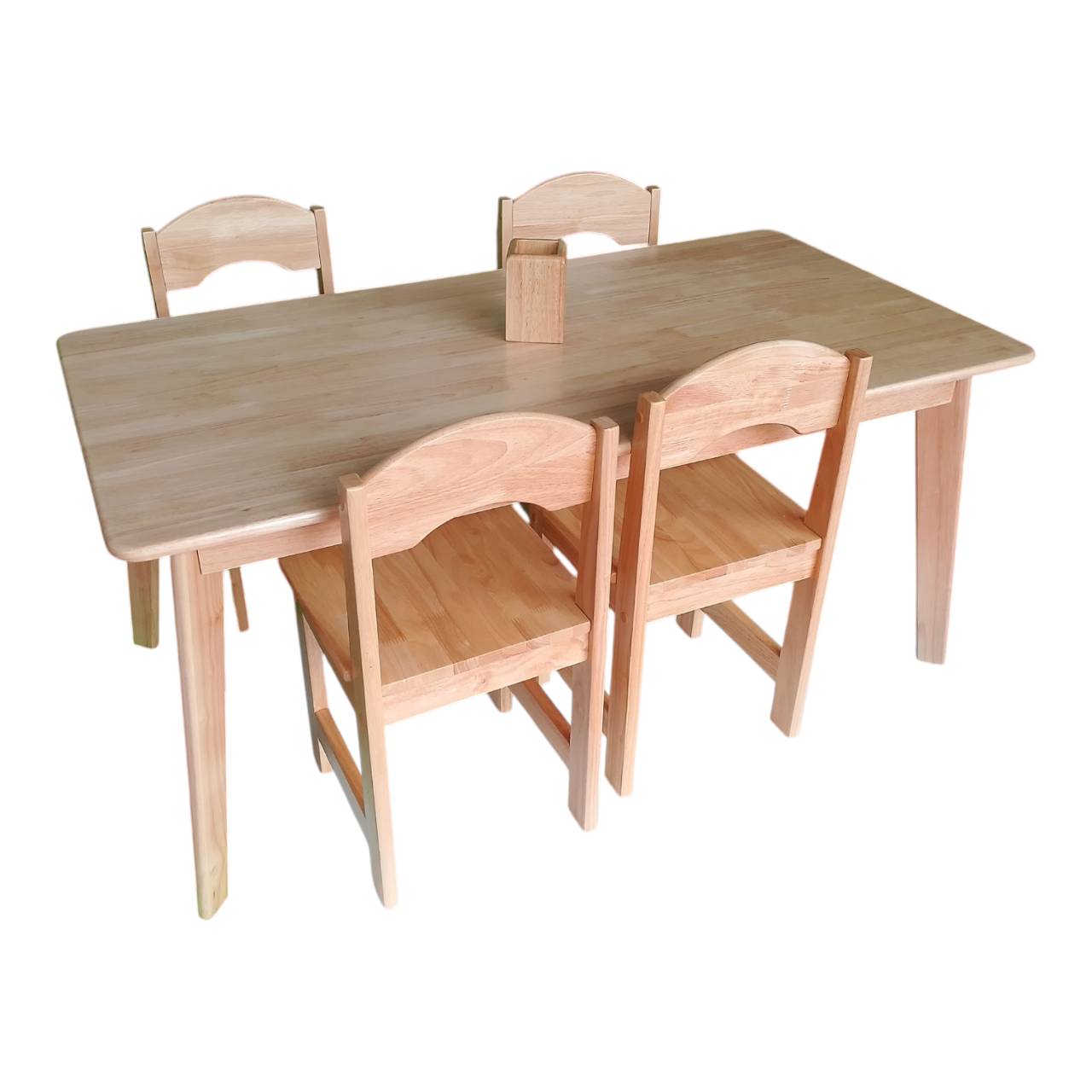 ชุดโต๊ะเก้าอี้ไม้ยางพาราสำหรับเด็กนักเรียนพร้อมเก้าอี้4 ตัว, โต๊ะเรียนกลุ่มสำหรับอนุบาล โต๊ะสี่เหลี่ยมผืนผ้า,โต๊ะไม้, สำหรับอนุบาล สินค้าผลิตในไทยมีพร้อมส่ง ขนาด 60x120x55 cm.