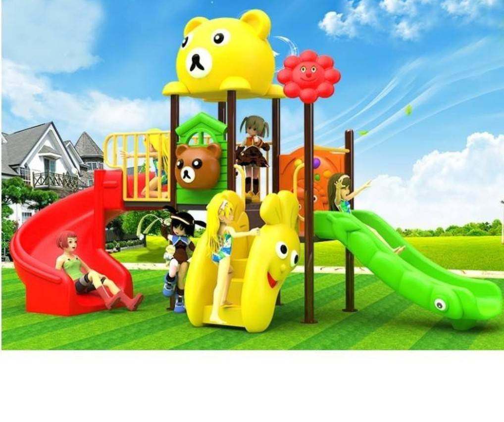 เครื่องเล่นสนามกลางแจ้ง ในร่ม, ชุดหมีน้อยกับสวนดอกไม้ กระดานลื่น,ครุภัณฑ์สนามเด็กเล่น, สพฐ,โครงการโรงเรียนประชารัฐ playground ขนาด 140 x 380 x 240 ซม.