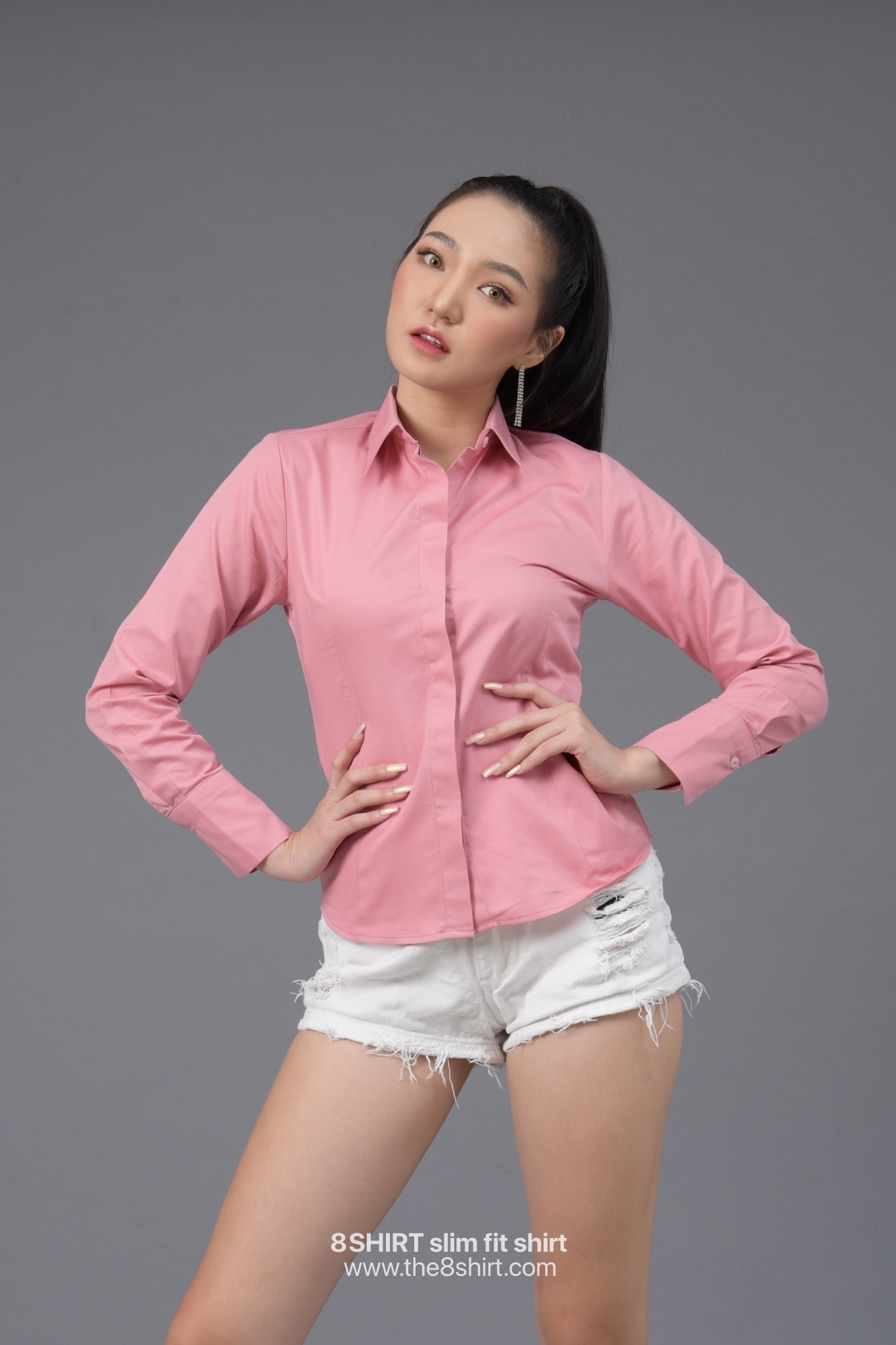 เสื้อเชิ้ตผู้หญิง ชมพูกะปิ (Solf Pink) สลิมฟิต เข้ารูป แขนยาว เสื้อเชิ้ตทำงาน เสื้อยูนิฟอร์ม แบรนด์ 8SHIRT slim fit shirt พร้อมส่ง