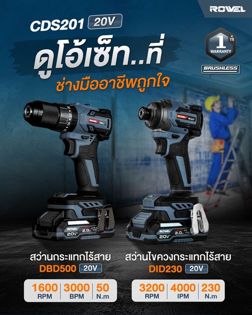 ชุดสว่านไร้สาย ไร้แปรงถ่าน ROWEL RW-PT-CSD201 20V มอเตอร์ไร้แปรงถ่าน