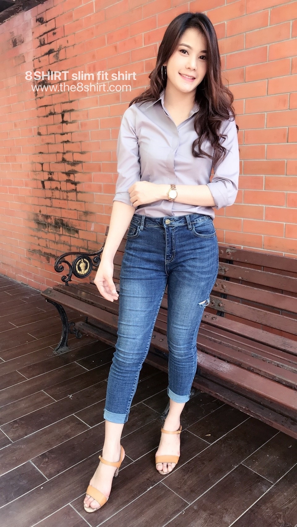 เสื้อเชิ้ตผู้หญิงสีเทาอ่อน สลิมฟิต เข้ารูป แขนยาว เสื้อเชิ้ตทำงาน เสื้อยูนิฟอร์ม แบรนด์ 8SHIRT slim fit shirt พร้อมส่ง