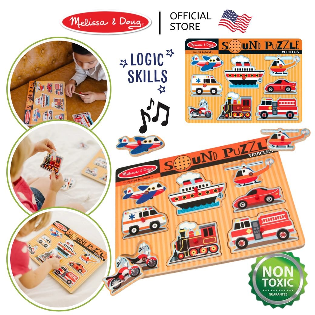 จิ๊กซอว์เด็ก มีเสียง มีหมุดจับ รุ่นยานพาหนะ,Melissa & Doug Vehicles Sound Puzzle 8 Pcs , ของเล่นเสริมพัฒนาการ, ของเล่นเด็ก,สื่อการสอน,พร้อมส่ง