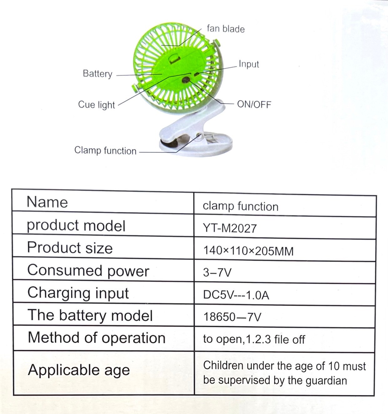 พัดลมแบบขาหนีบ ใส่ถ่านชาร์จ พร้อมสายชาร์จUSB YT-M2027 เส้นผ่านศูนย์กลาง 13 cm