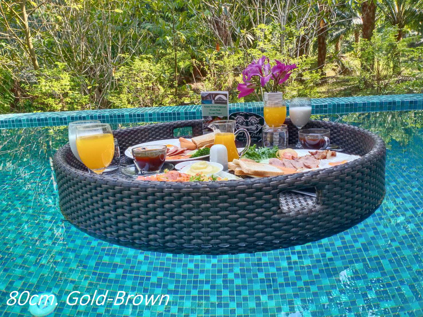 ถาดลอยน้ำหวายเทียม ทรงกลม 80ซม. สูง14ซม.หวายเทียม สำหรับใส่สำรับอาหาร หรือเครื่องดื่มเสริฟริมสระ หรือลอยในสระน้ำได้