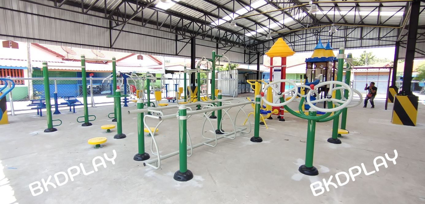 เครื่องออกกำลังกาย กลางแจ้ง ชุดอุปกรณ์ บริหารมือ แขน หัวไหล่ แบบล้อหมุน เหล็ก F-LS-11 ลานกีฬา อเนกประสงค์ สนามกีฬา ขนาด 105 x 130 x 150 ซม.