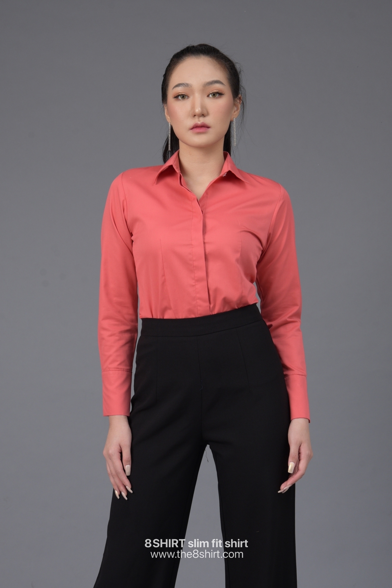 เสื้อเชิ้ตผู้หญิง ชมพูพั้นซ์ (Pink Punch) สลิมฟิต เข้ารูป แขนยาว เสื้อเชิ้ตทำงาน เสื้อยูนิฟอร์ม แบรนด์ 8SHIRT slim fit shirt พร้อมส่ง