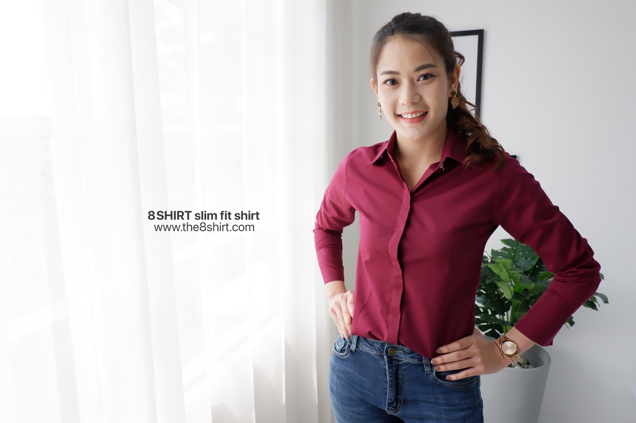 เสื้อเชิ้ตผู้หญิง สีแดงไวน์ (Red Wine) สลิมฟิต เข้ารูป แขนยาว เสื้อเชิ้ตทำงาน เสื้อยูนิฟอร์ม แบรนด์ 8SHIRT slim fit shirt พร้อมส่ง