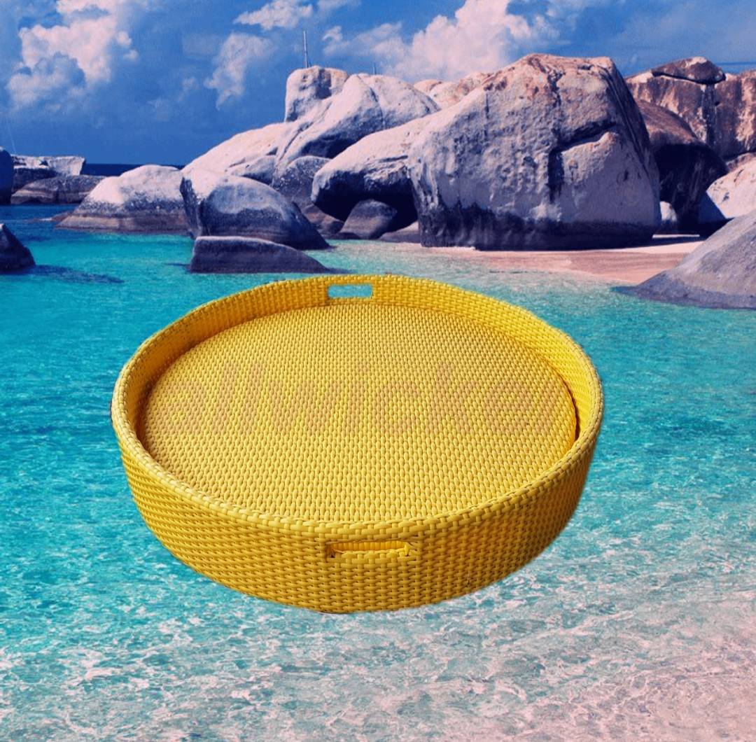 ถาดลอยน้ำหวายเทียม ทรงกลม 80ซม. สูง14ซม.หวายเทียม สำหรับใส่สำรับอาหาร หรือเครื่องดื่มเสริฟริมสระ หรือลอยในสระน้ำได้