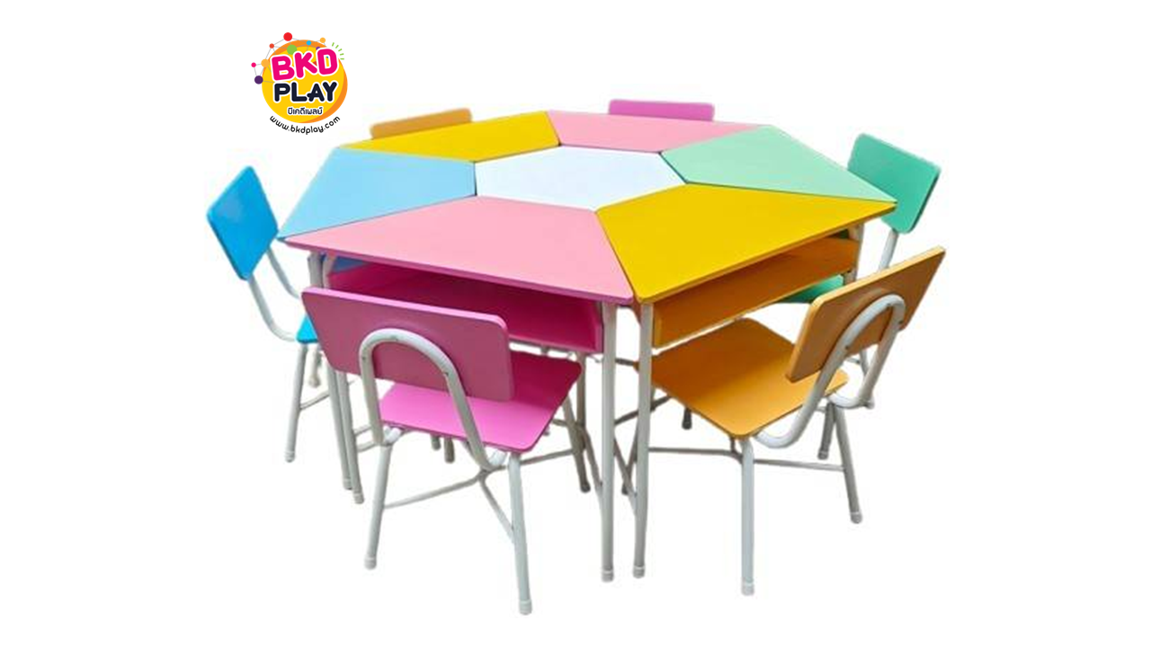 ชุดโต๊ะสี่เหลี่ยมคางหมูพร้อมเก้าอี้6ตัวแบบมีลิ้นชัก และโต๊ะตัวกลาง1ตัว นักเรียนประถม-มัธยม ,โต๊ะเขียนหนังสือเด็ก, โต๊ะกิจกรรม โต๊ะนักเรียน โต๊ะนักเรียนประถม พร้อมส่งในไทย
