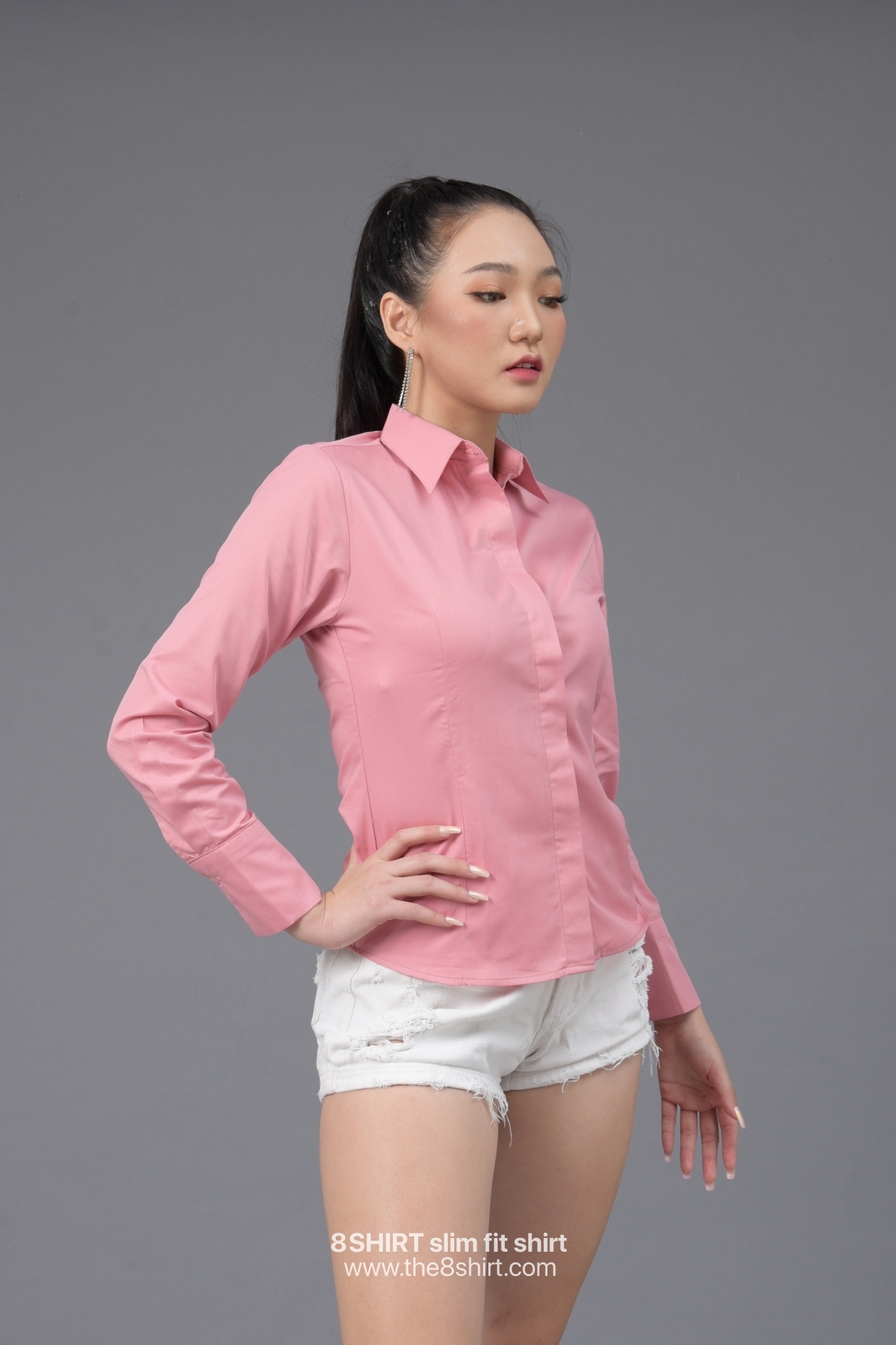 เสื้อเชิ้ตผู้หญิง ชมพูกะปิ (Solf Pink) สลิมฟิต เข้ารูป แขนยาว เสื้อเชิ้ตทำงาน เสื้อยูนิฟอร์ม แบรนด์ 8SHIRT slim fit shirt พร้อมส่ง