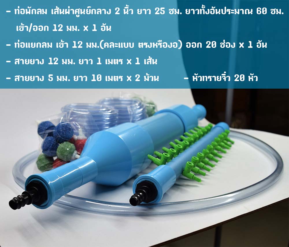 ท่อพักลม 2 นิ้ว ท่อแยกลม 20 ช่อง หัวทรายจิ๋ว 20 หัว สายยาง5มม. 20 เมตร และสาย12มม. 1 เมตร พร้อมใช้งาน