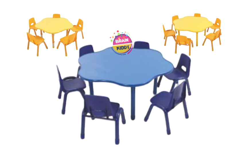 ชุดโต๊ะดอกไม้หรรษา พร้อมเก้าอี้ 6 ที่นั่ง โต๊ะเก้าอี้นักเรียน,โต๊ะเด็ก,เก้าอี้เด็ก,อนุบาล-ประถม,โต๊ะกิจกรรม,โต๊ะพลาสติกขาเหล็ก,โต๊ะเขียนหนังสือเด็ก สั่งนำเข้า ขนาดเส้นทะแยงมุม 120 ซม. ขนาดความสูงโต๊ะ 37-60 ซม.