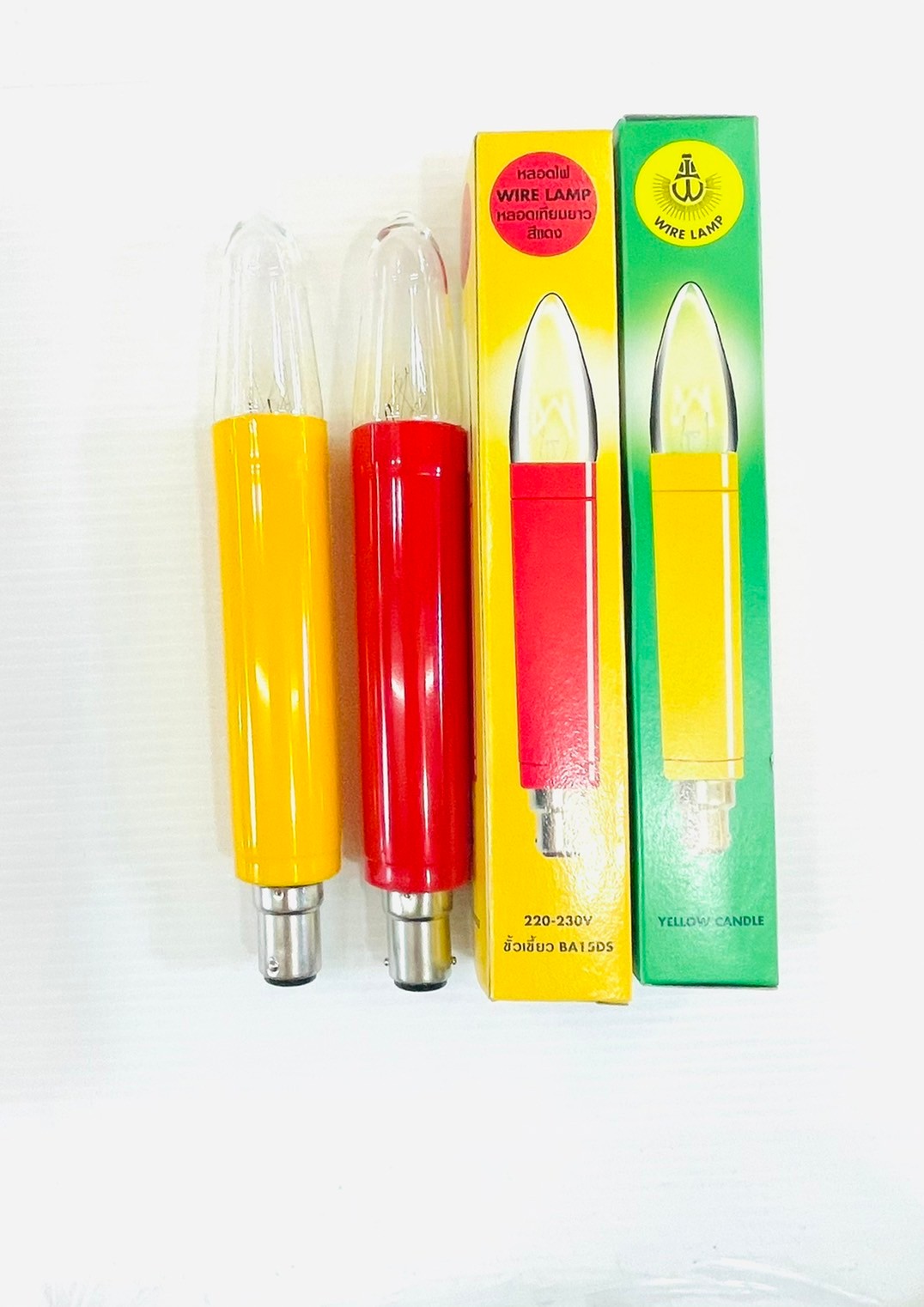 หลอดเทียนยาว ยี่ห้อ Wire Lamp ขั้วเขี้ยว B15 สีแดง/ สีเหลือง (แสงสีวอร์ม)