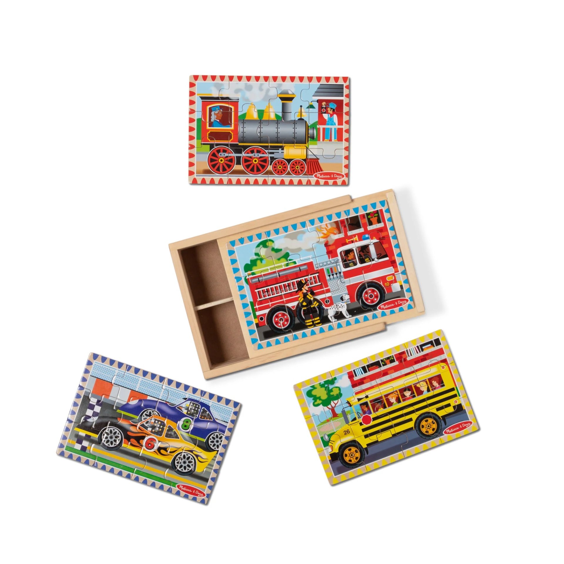 จิ๊กซอไม้12ชิ้นx4ลาย รุ่นยานพาหนะ ,Wooden Jigsaw Puzzles in a Box Vehicles, ของเล่นเสริมพัฒนาการ, ของเล่นเด็ก,สื่อการสอน,อนุบาล,พร้อมส่ง