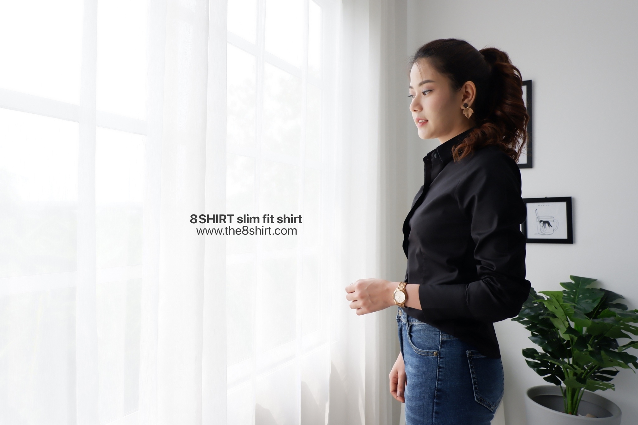 เสื้อเชิ้ตผู้หญิงสีดำ สลิมฟิต เข้ารูป แขนยาว เสื้อเชิ้ตทำงาน เสื้อยูนิฟอร์ม แบรนด์ 8SHIRT slim fit shirt พร้อมส่ง