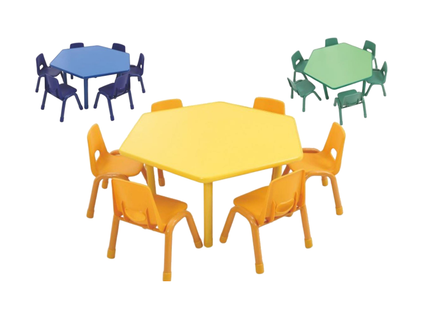 ชุดโต๊ะหกเหลี่ยม พร้อมเก้าอี้ 6 ที่นั่ง โต๊ะเก้าอี้นักเรียน, โต๊ะเด็ก, เก้าอี้เด็ก, อนุบาล-ประถม โต๊ะ กิจกรรม โต๊ะพลาสติกขาเหล็ก,โต๊ะเขียนหนังสือเด็ก สั่งนำเข้า ขนาด ย.120 x ส.48-56 ซม.