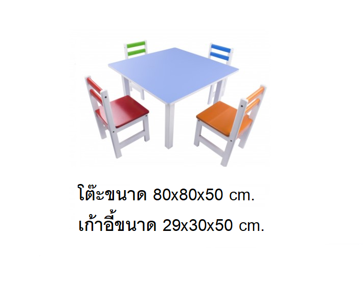 ชุดโต๊ะไม้ สี่เหลี่ยมเหลี่ยม พร้อมเก้าอี้ 4 ตัว ทำกิจกรรมกลุ่ม โต๊ะเขียนหนังสือเด็ก โต๊ะพร้อมเก้าอี้เด็กพร้อมส่ง สำหรับเด็ก อนุบาล โรงเรียน เนอสเซอรี่ ศูนย์พัฒนาเด็กเล็ก ขนาด 80 x 80 x 50 ซม.