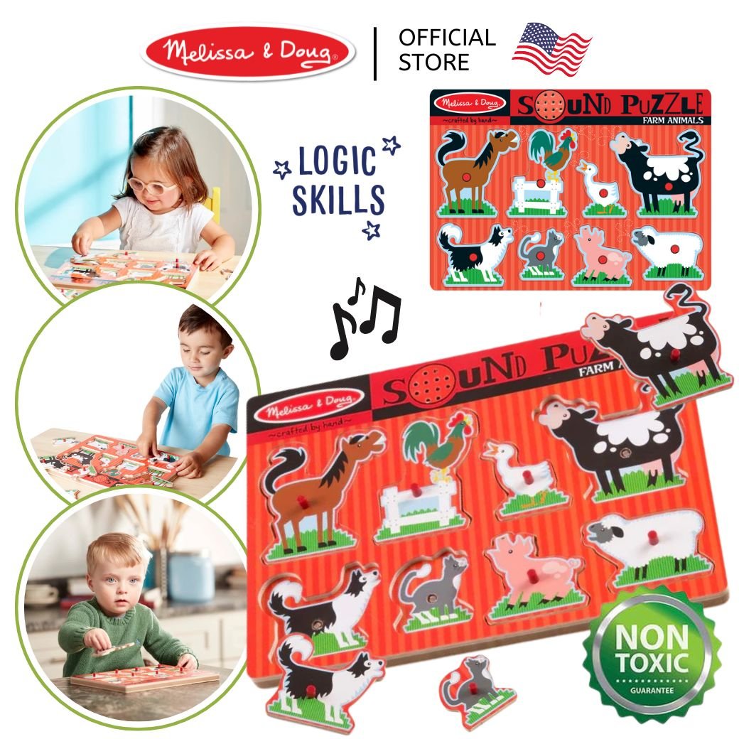 จิ๊กซอว์เด็ก มีเสียง มีหมุดจับ รุ่นฟาร์ม,Melissa & Doug Farm Animals Puzzle 8 Pcs , ของเล่นเสริมพัฒนาการ, ของเล่นเด็ก,สื่อการสอน,พร้อมส่ง