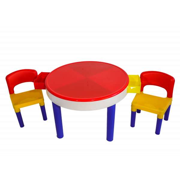 โต๊ะเล่นบล็อกสีสัน พร้อมเก้าอี้ 2 ตัว สำหรับเด็ก อนุบาล โรงเรียน เนอสเซอรี่ ศูนย์พัฒนาเด็กเล็ก ขนาดโต๊ะ เส้นผ่าศูนย์กลาง 50.8 x 69.5 ซม. ขนาดเก้าอี้ 30.5 x 28 x 45.7 ซม.