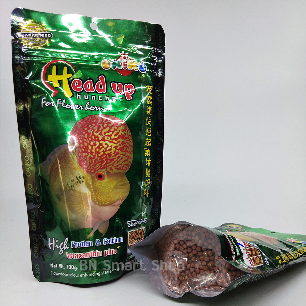 อาหารปลาหมอสี เร่งโหนก OKIKO Head Up huncher for flower horn 100 g. size M x 2 ถุง