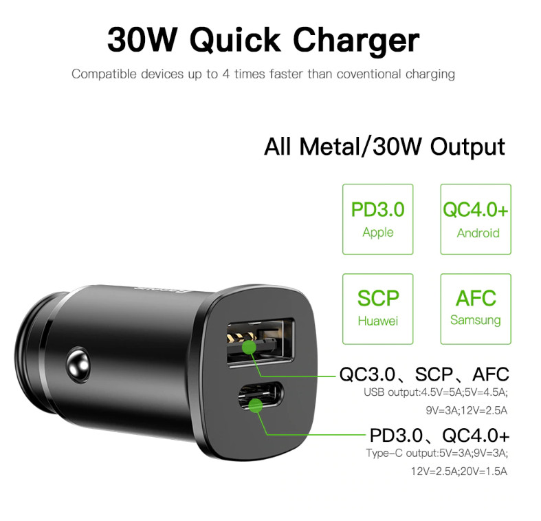 ที่ชาร์จในรถ Car Charger Quick Charge 4.0 3.0 ( USB+Type c) ดํา