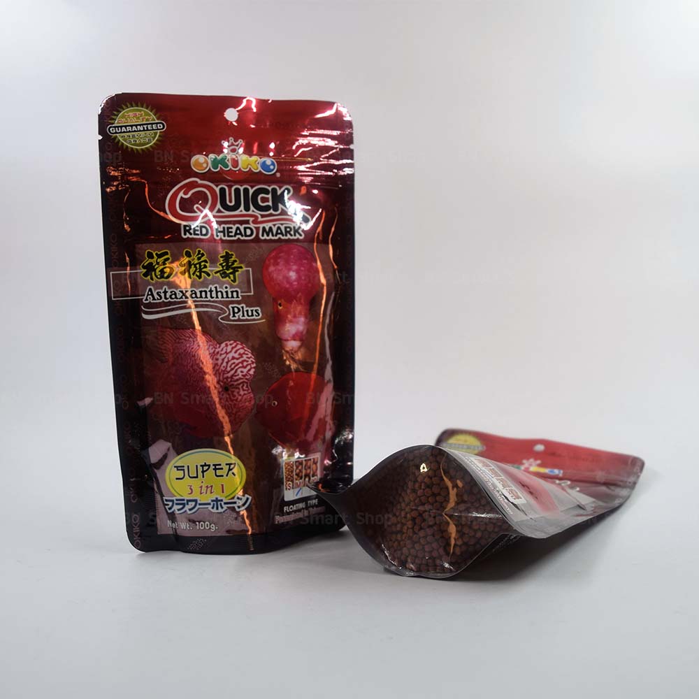 อาหารปลาหมอสี OKIKO Quick Red Head Mark 100 g. size M x 2 ถุง เร่งมุก เร่งสี เร่งโหนก