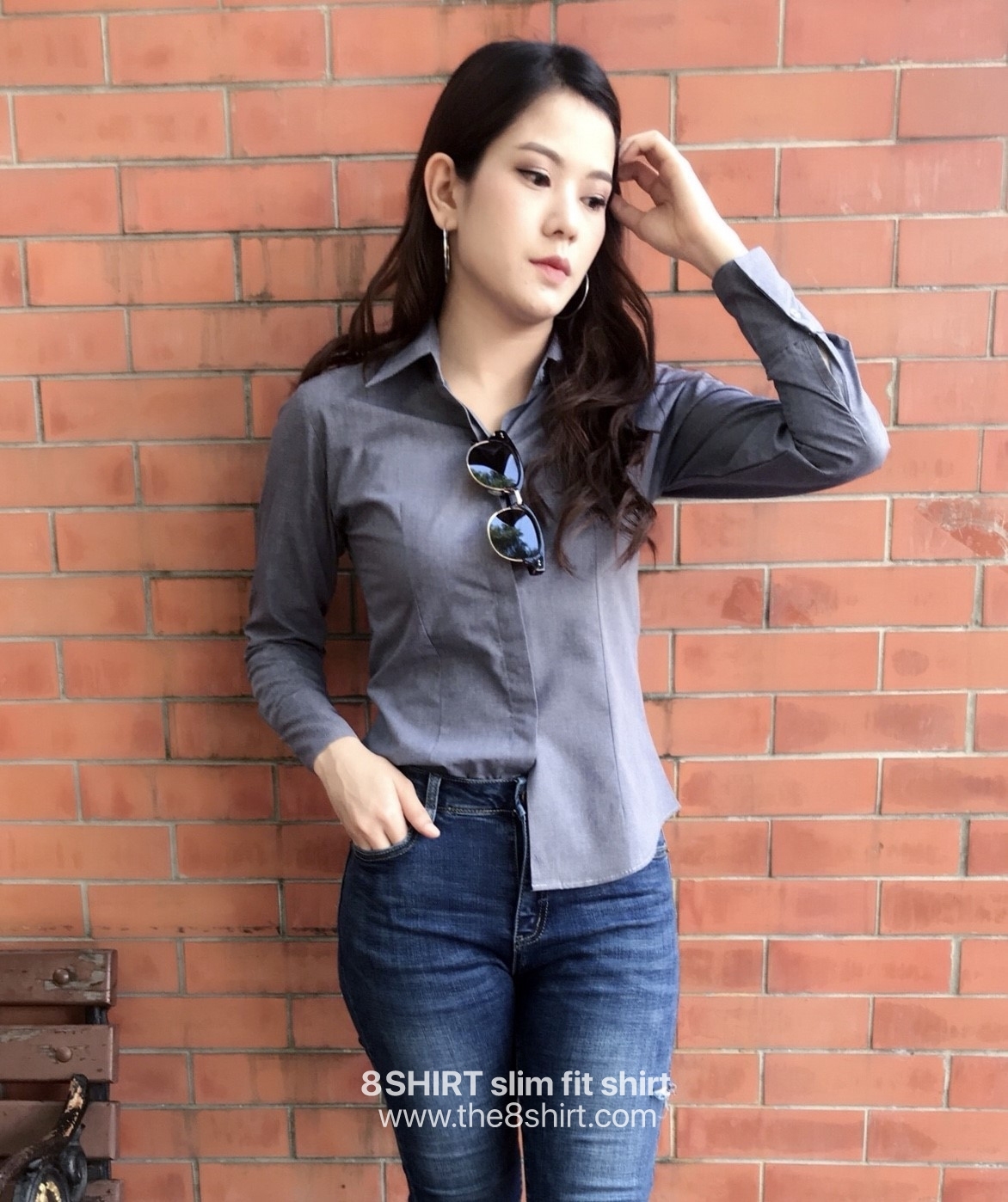 เสื้อเชิ้ตผู้หญิงสีเทาเข้ม สลิมฟิต เข้ารูป แขนยาว เสื้อเชิ้ตทำงาน เสื้อยูนิฟอร์ม แบรนด์ 8SHIRT slim fit shirt พร้อมส่ง