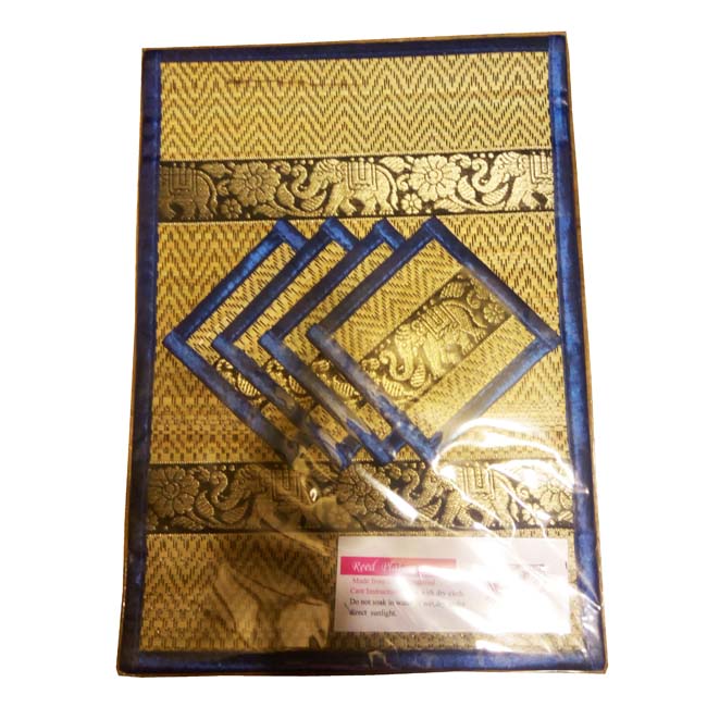 ที่รองจานเสื่อกก และ แผ่นรองแก้วน้ำ ขนาด 27 x 36 ซม. แบบ 4 ที่นั่ง สีน้ำเงิน