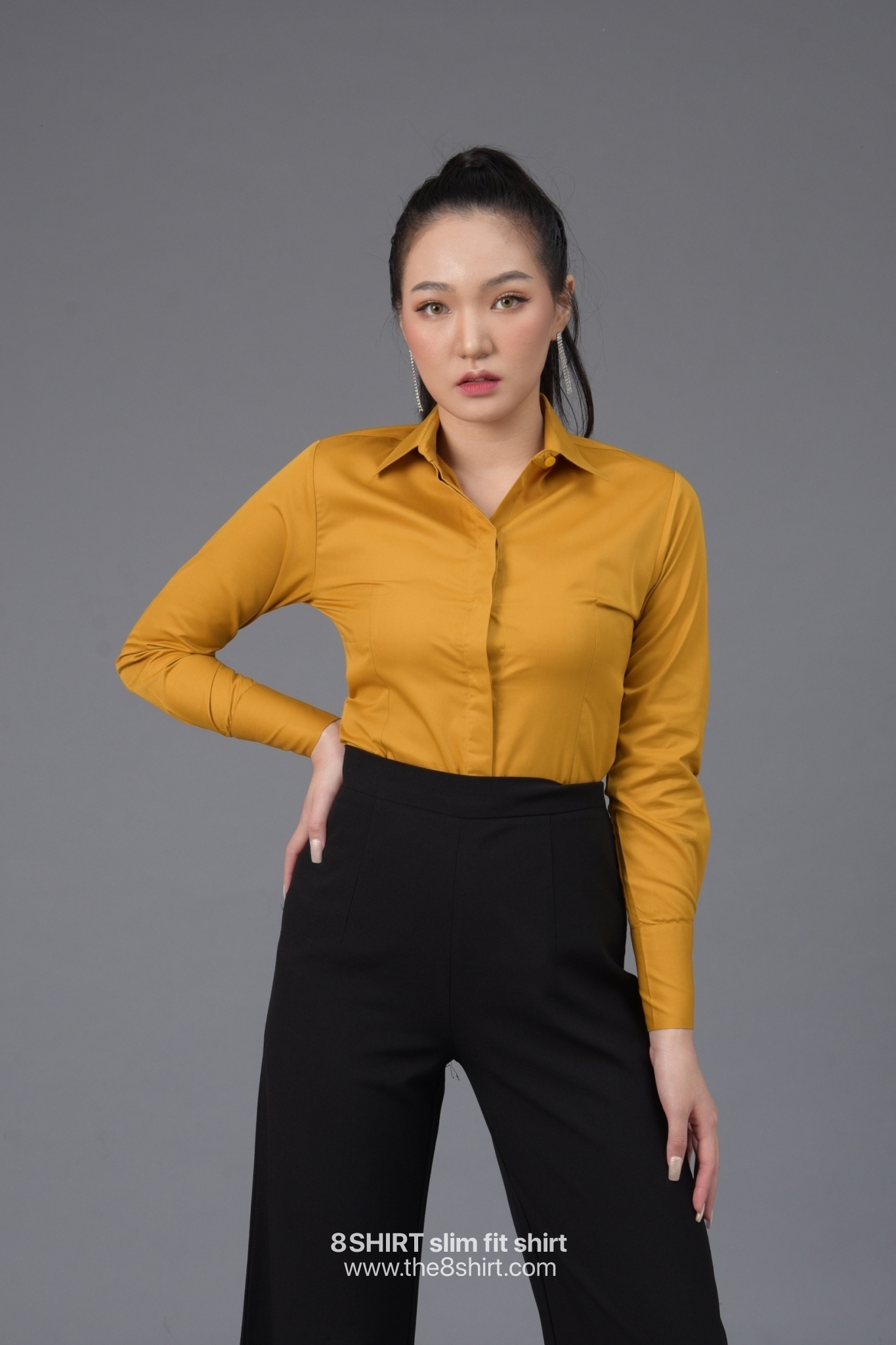 เสื้อเชิ้ตผู้หญิง สีเหลืองมัสตาร์ด (Mustard yellow) สลิมฟิต เข้ารูป แขนยาว เสื้อเชิ้ตทำงาน เสื้อยูนิฟอร์ม แบรนด์ 8SHIRT slim fit shirt พร้อมส่ง