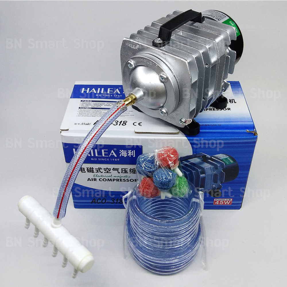 ปั้มลม ปั้มออกซิเจน 45 วัตต์ HAILEA รุ่น ACO-318 ฟรีสายยาง 6 เมตรและหัวทรายจิ๋ว 6 หัว พร้อมใช้งาน