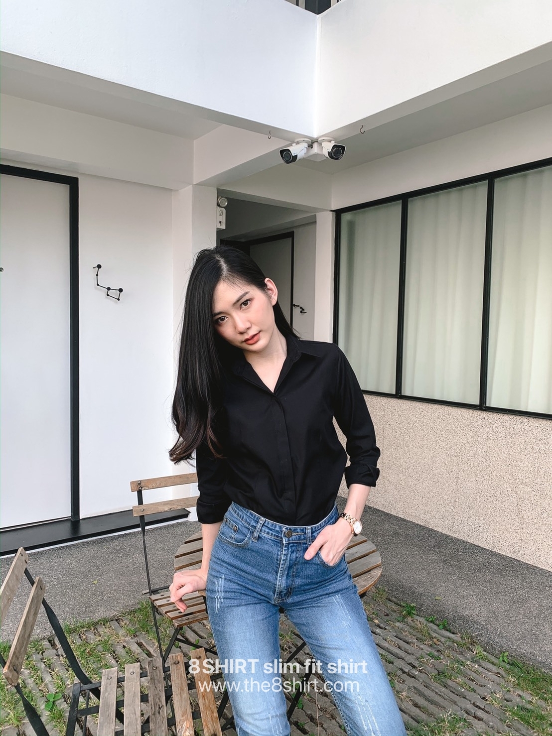 เสื้อเชิ้ตผู้หญิงสีดำ สลิมฟิต เข้ารูป แขนยาว เสื้อเชิ้ตทำงาน เสื้อยูนิฟอร์ม แบรนด์ 8SHIRT slim fit shirt พร้อมส่ง