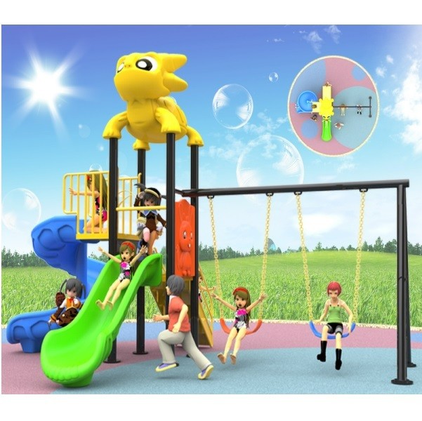 เครื่องเล่นสนามกลางแจ้ง ชุดไดโนน้อยเล่นสวนสไลด์และชิงช้า,สไลเดอร์, กระดานลื่น,ครุภัณฑ์สนามเด็กเล่น, สพฐ,โครงการโรงเรียนประชารัฐ,งบประมาณ70,000 ขนาด 270x400x260 ซม.