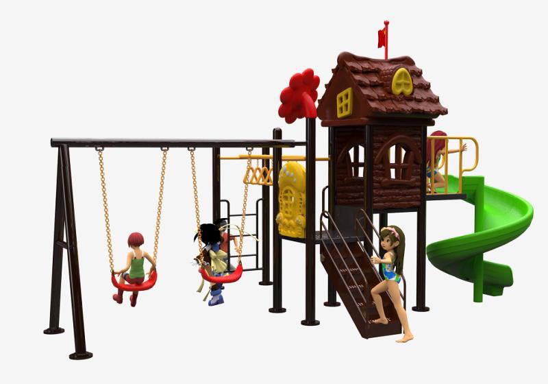 เครื่องเล่นสนามกลางแจ้ง ชุด Wood house slide&swing