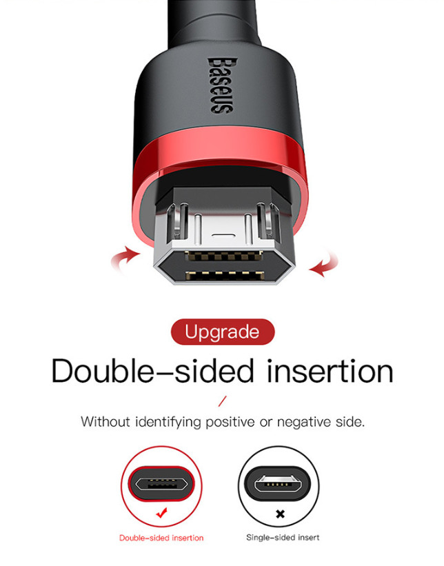 สาย Micro USB Cable เสียบ ได้ทั้ง 2 ด้าน Baseus สายเคเบิล 2 เมตร สายชาร์จ 2.4A ชาร์จไว 2เมตร
